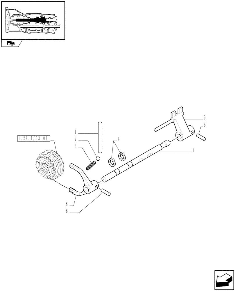 Схема запчастей Case IH FARMALL 75N - (1.28.1/03[02]) - SPLITTER 32X16 FORK, ROD AND PAWL (VAR.330118 / 743508) (03) - TRANSMISSION