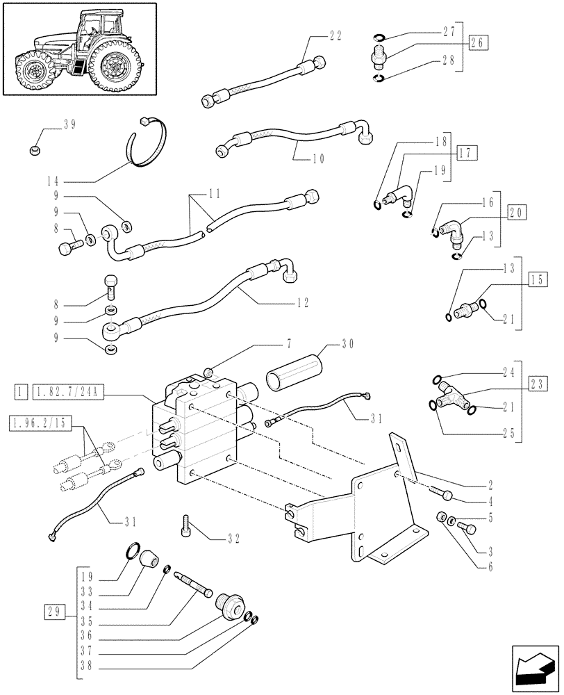 Схема запчастей Case IH MAXXUM 110 - (1.82.7/34) - THREE MID MOUNTED REMOTE VALVES - PIPES AND VALVE (VAR.331562-332562) (07) - HYDRAULIC SYSTEM