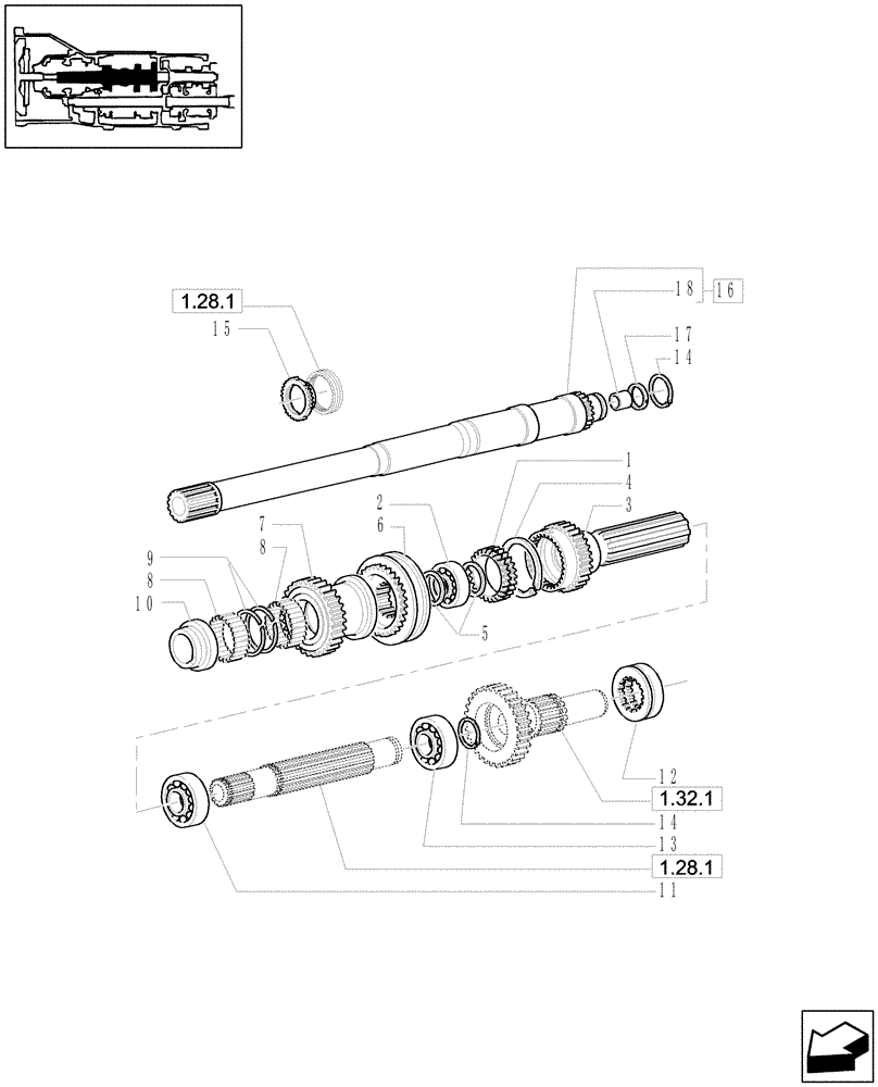 Схема запчастей Case IH JX1070U - (1.28.1/01[01]) - (VAR.109-110) SYNCHRONIZED MECHANICAL REVERSER UNIT - SHAFTS AND GEARS (03) - TRANSMISSION