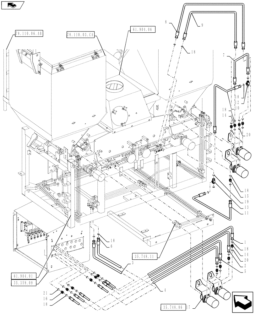 Схема запчастей Case IH 810 - (35.748.10) - TRIPLE BIN HOSE AND FITTINGS (35) - HYDRAULIC SYSTEMS