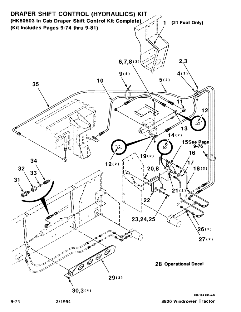 Схема запчастей Case IH 8820 - (9-74) - DRAPER SHIFT CONTROL, HYDRAULICS, KIT, HK60603 IN CAB DRAPER SHIFT CONTROL KIT COMPLETE (09) - CHASSIS/ATTACHMENTS