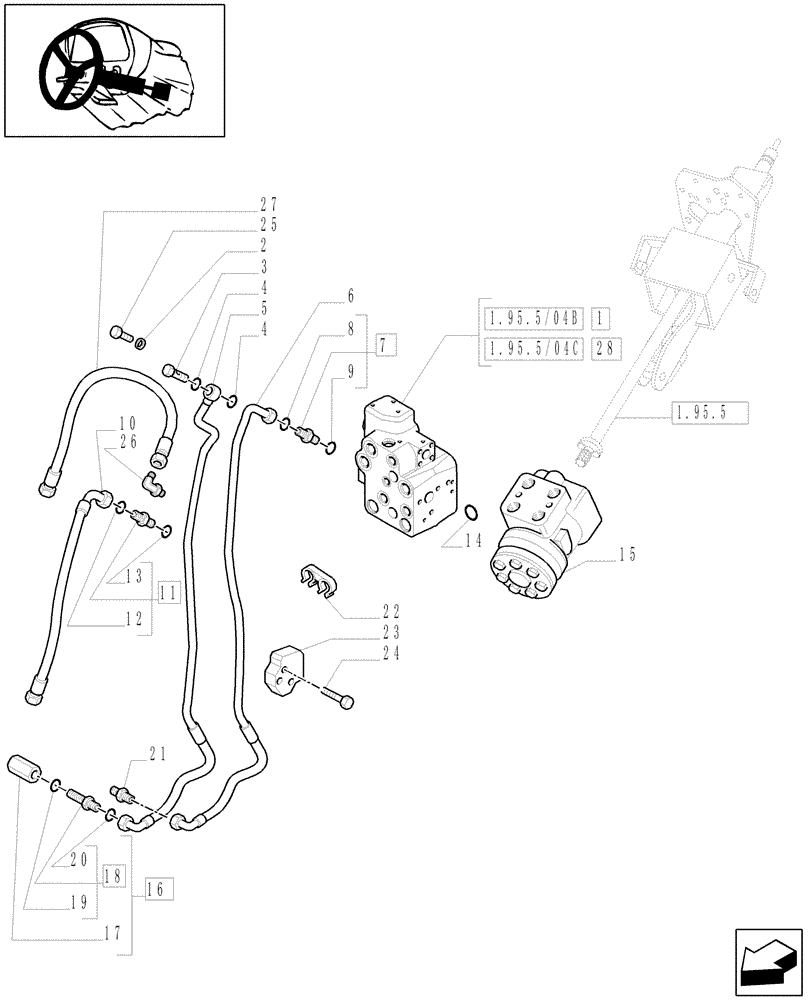 Схема запчастей Case IH MXU125 - (1.95.5/04[03]) - (VAR.360-636) FAST STEERING - POWER STEERING, VALVE AND PIPES (10) - OPERATORS PLATFORM/CAB