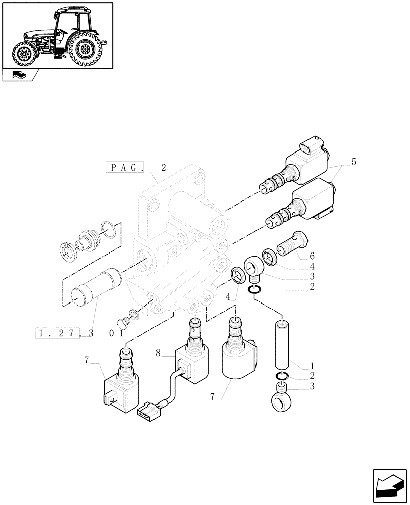 Схема запчастей Case IH FARMALL 75C - (1.27.3/03[01]) - 4WD TRACTION SELECTION WITH 32X16 HYDR. TRANSMISSION - SOLENOID VALVES (VAR.332402-339402) (03) - TRANSMISSION