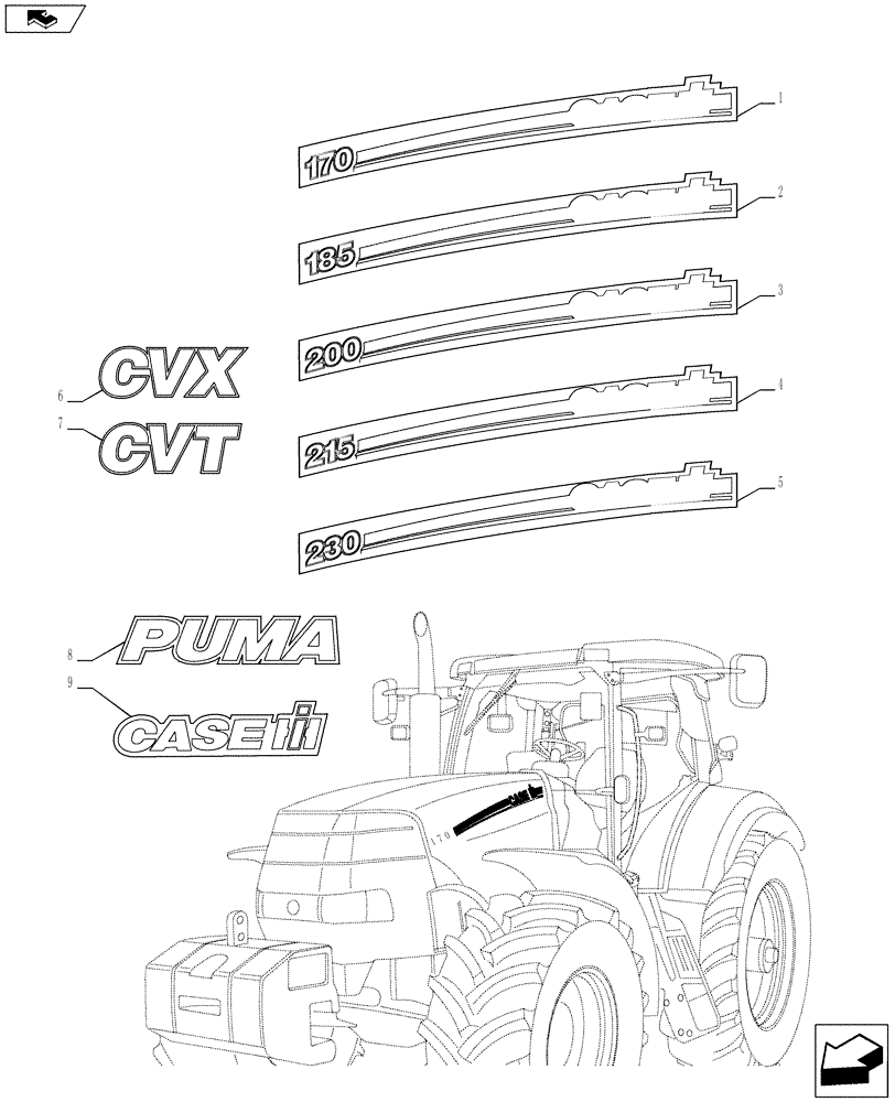 Схема запчастей Case IH PUMA 200 - (90.108.02) - MODEL IDENTIFICATION DECALS (90) - PLATFORM, CAB, BODYWORK AND DECALS