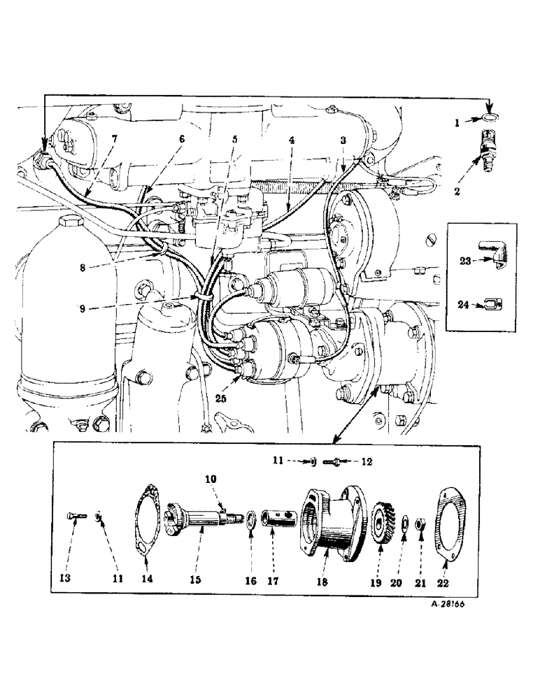 Схема запчастей Case IH SUPER M - (152) - ELECTRICAL SYSTEM - DIESEL ENGINE, SPARK PLUGS, CABLES, DISTRIBUTOR OR MAGNETO DRIVE AND BRACKET (06) - ELECTRICAL SYSTEMS