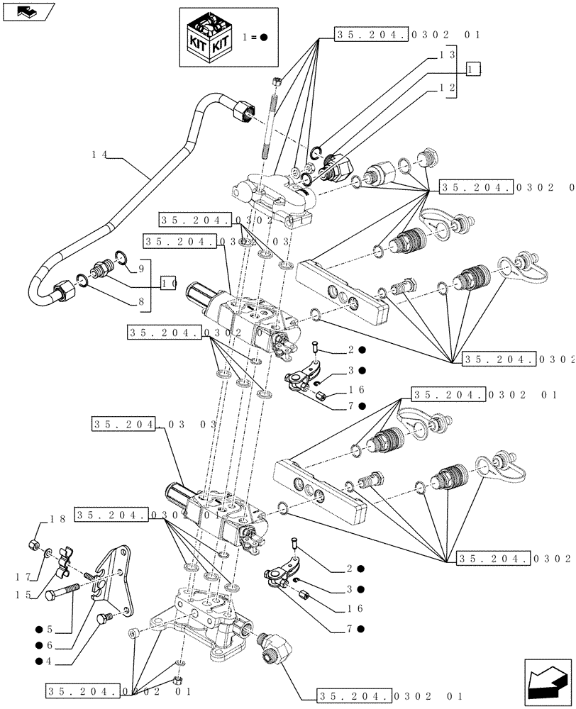 Схема запчастей Case IH FARMALL 75C - (35.204.0302[02]) - 2 REAR CONTROL VALVES WITH 4 COUPLERS - SUPPORTS AND PIPES - ISO (VAR.334108 / 743569) - END YR 09-MAY-2016 (35) - HYDRAULIC SYSTEMS