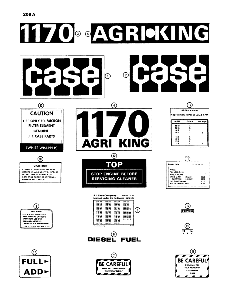 Схема запчастей Case IH 1170 - (209A) - STANDARD DECALS, USED PRIOR TO TRAC. SER. NO. 8675001 (09) - CHASSIS/ATTACHMENTS