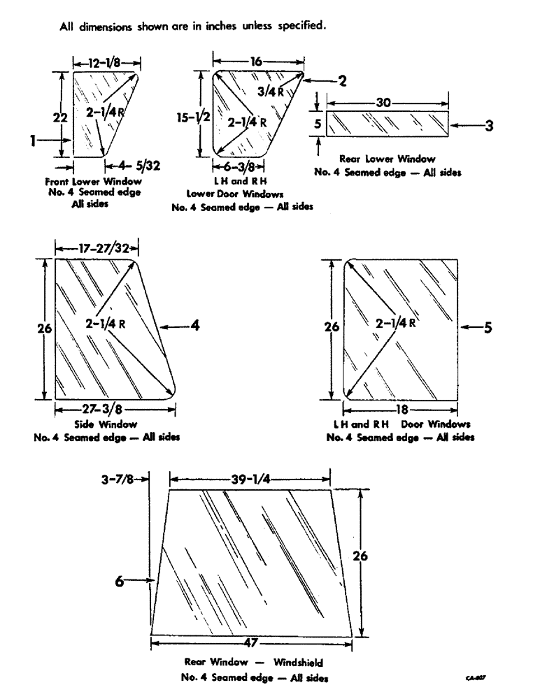 Схема запчастей Case IH 21026 - (13-22) - SUPERSTRUCTURE, TRACTOR CAB GLASS DIMENSIONS (05) - SUPERSTRUCTURE