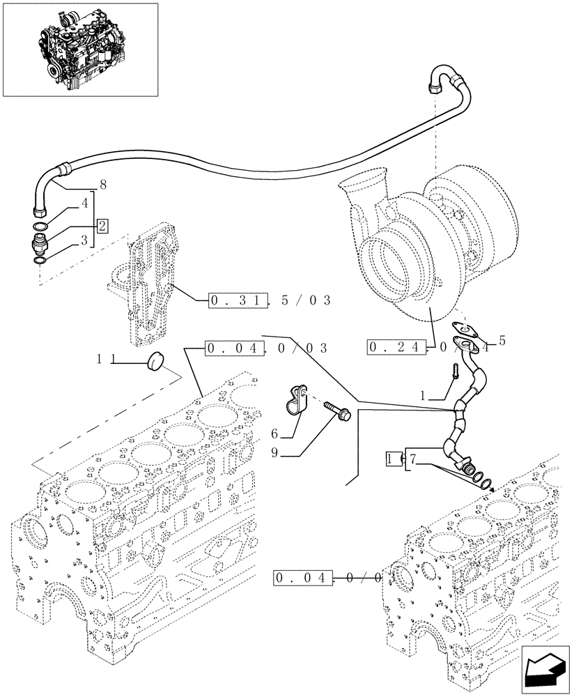 Схема запчастей Case IH MAXXUM 140 - (0.30.5/03) - PIPING ENGINE OIL (STD + VAR.330003-332115-332116) (01) - ENGINE