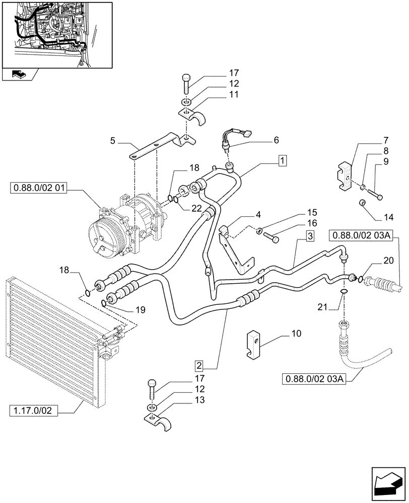 Схема запчастей Case IH FARMALL 95N - (0.88.0/01[02]) - AIR CONDITIONING - PIPES AND RELATED PARTS (VAR.330641 / 743539; VAR.332641 / 743540) (01) - ENGINE