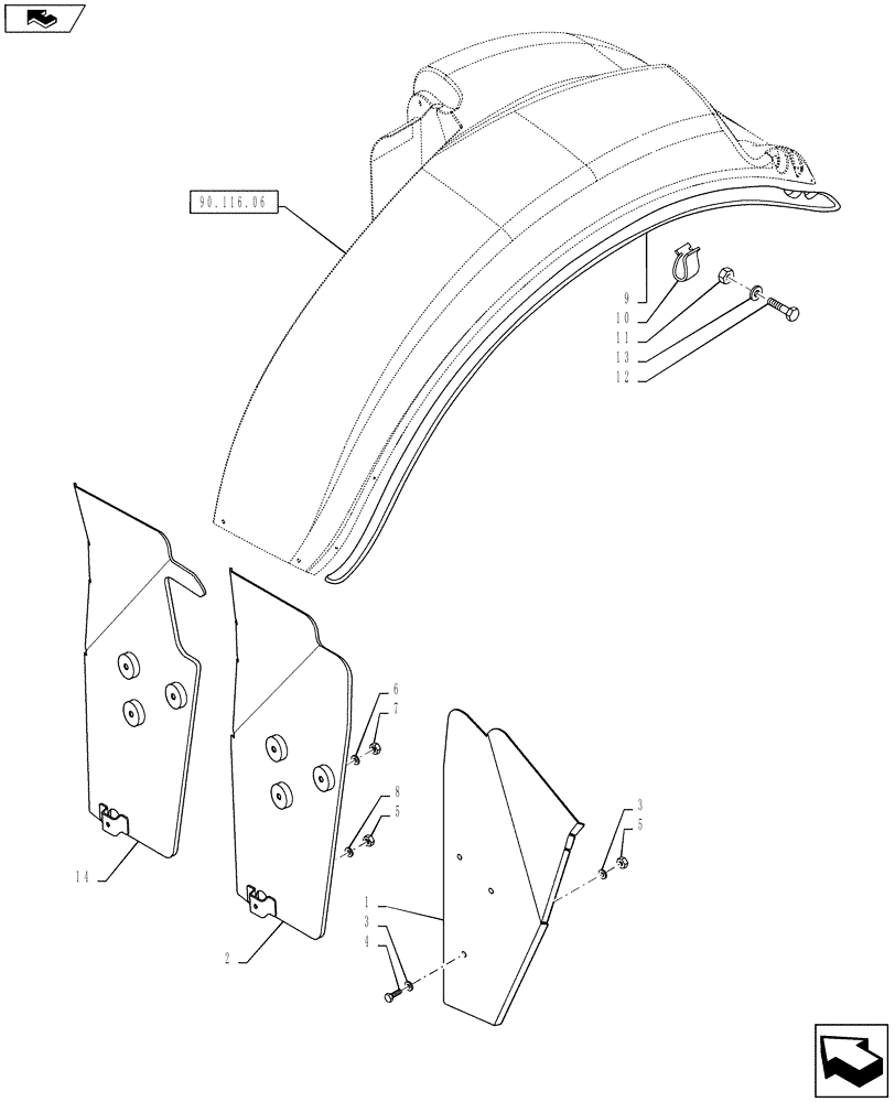 Схема запчастей Case IH PUMA 130 - (90.116.07) - VAR - 330518, 330519, 743707, 743708 - WIDE REAR FENDERS - DEFLECTOR (90) - PLATFORM, CAB, BODYWORK AND DECALS