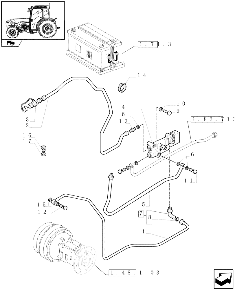 Схема запчастей Case IH FARMALL 85N - (1.82.713[01]) - HYDRAULIC TRAILER BRAKE (INTERNATIONAL) - PIPES AND BRAKE VALVE (VAR.330371-331371) (07) - HYDRAULIC SYSTEM