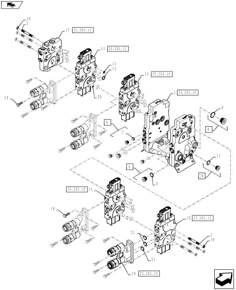 Схема запчастей Case IH QUADTRAC 500 - (35.204.05) - AUXILIARY VALVE STACK - 4 SPOOL, W/ TRAILER BRAKES - SCRAPER UNITS (35) - HYDRAULIC SYSTEMS