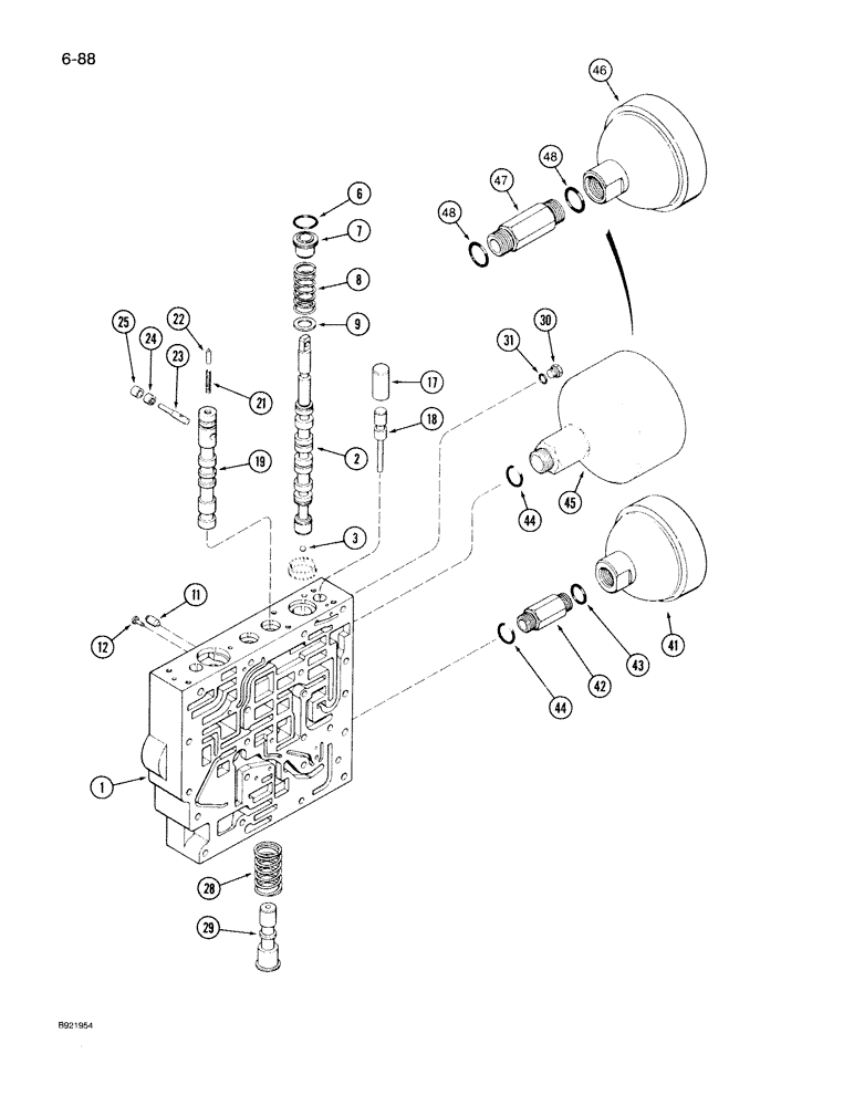 Схема запчастей Case IH 7150 - (6-088) - TRANSMISSION CONTROL VALVE ASSEMBLY, BODY SECTION AND ACCUMULATORS, FOUR SPEED REVERSE VALVES (06) - POWER TRAIN