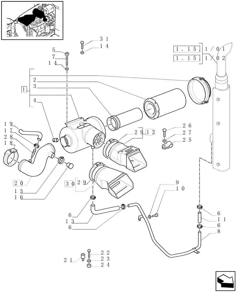 Схема запчастей Case IH MAXXUM 140 - (1.19.1/01[02]) - AIR CLEANER WITH PRE-CLEANER "SPIN TUBE" (VAR.330189-331189-332189-333189) (02) - ENGINE EQUIPMENT