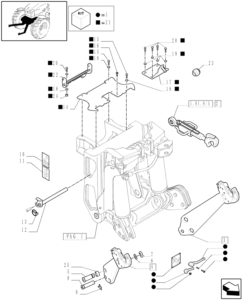 Схема запчастей Case IH PUMA 180 - (1.81.9/02[06]) - (VAR.089) FRONT HPL FOR ELECTRONIC REMOTES WITH PTO, LESS AUX. COUPLERS - LINK AND ARMS - D5721 (07) - HYDRAULIC SYSTEM