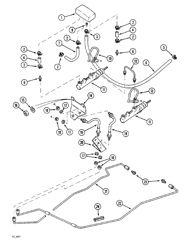 Схема запчастей Case IH 3220 - (7-008) - BRAKE RESERVOIR AND PIPES, TRACTOR WITH CAB (07) - BRAKES