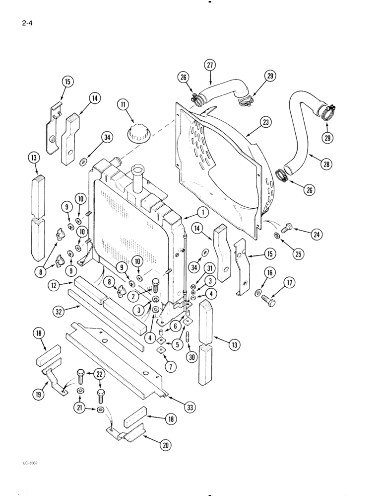 Схема запчастей Case IH 595 - (2-04) - RADIATOR AND CONNECTIONS, WITHOUT AIR CONDITIONING, WITHOUT TROPICAL COOLING (02) - ENGINE