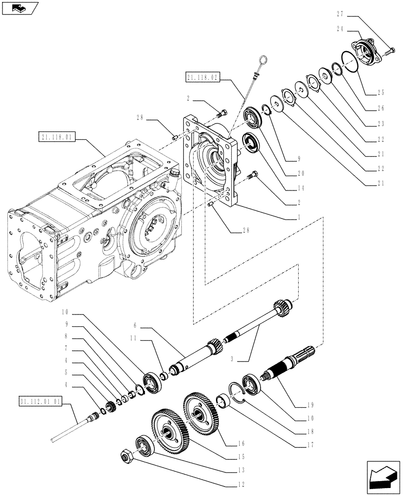 Схема запчастей Case IH FARMALL 65C - (31.112.0101[02]) - POWER TAKE-OFF (540-540E RPM) FOR POWER SHUTTLE - COVER, SHAFTS AND GEARS (VAR.334804 / 743519; VAR.336814 / 743566) (31) - IMPLEMENT POWER TAKE OFF