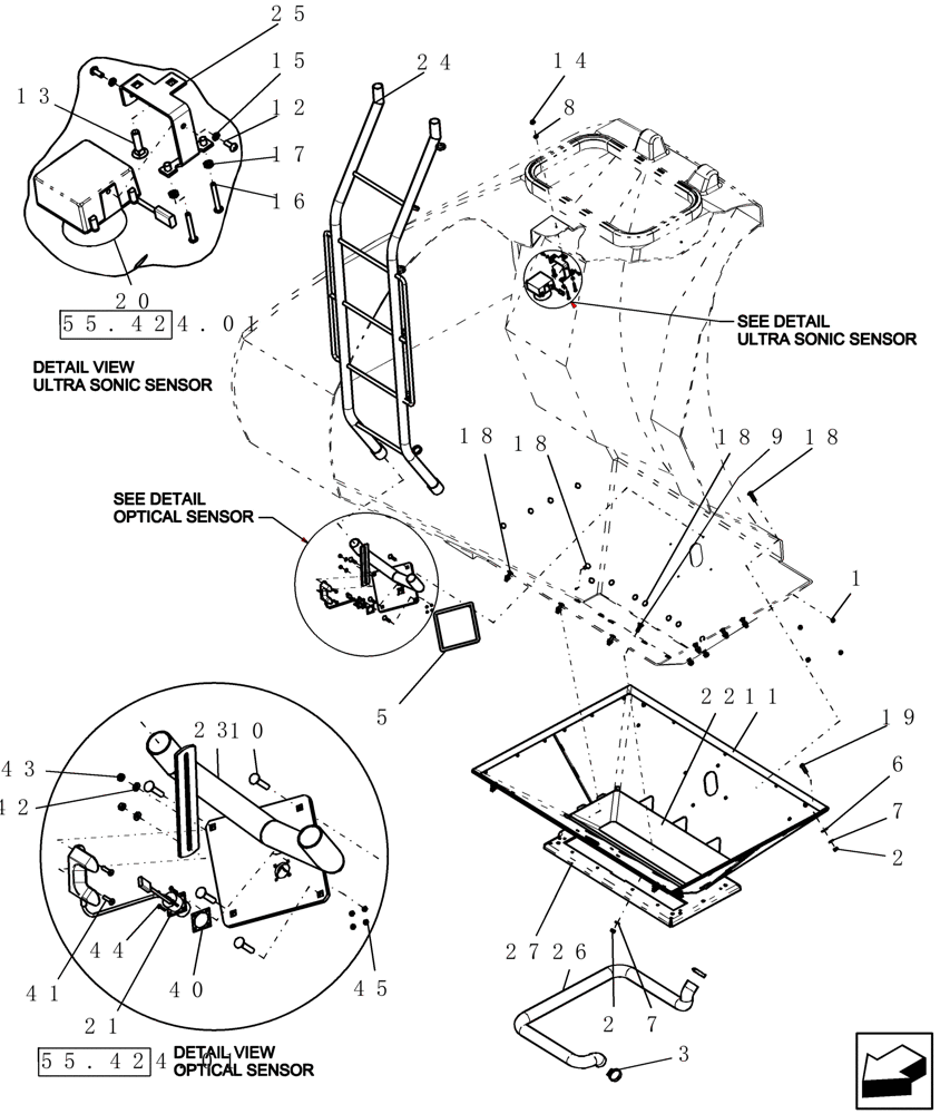 Схема запчастей Case IH 3380 - (39.100.05) - INTERNAL LADDERS AND BIN SENSORS (39) - FRAMES AND BALLASTING