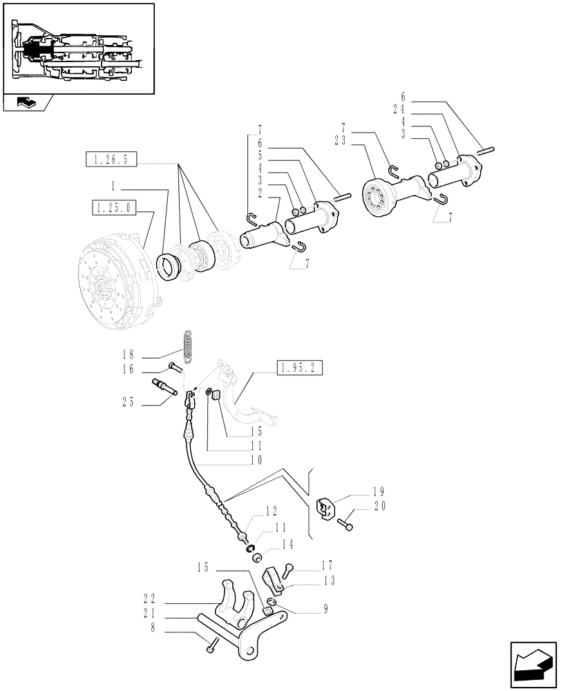 Схема запчастей Case IH FARMALL 105U - (1.26.2) - FRICTION CLUTCH CONTROL, COUPLING FORK, LEVERS & TIE-RODS (03) - TRANSMISSION