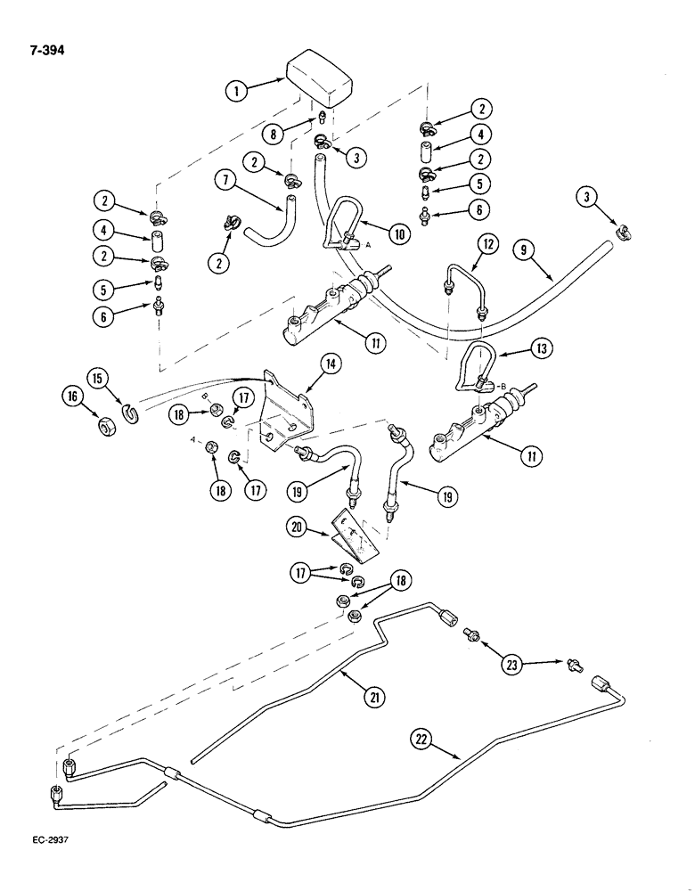 Схема запчастей Case IH 585 - (7-394) - BRAKE CYLINDERS AND PIPES, WITH CAB (07) - BRAKES