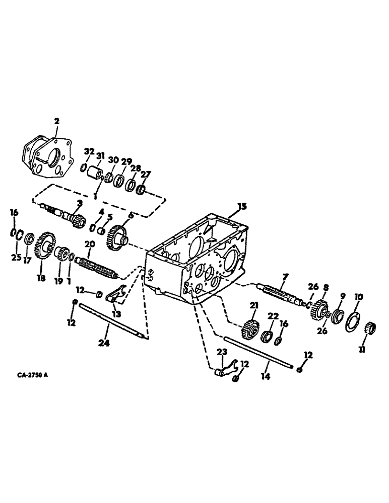 Схема запчастей Case IH 815 - (07-08) - DRIVE TRAIN, TRANS., TRANS. MAIN SHAFT, INPUT DRIVE SHAFT, INPUT PINION SHAFT, SHIFTER RAILS & FORKS Drive Train