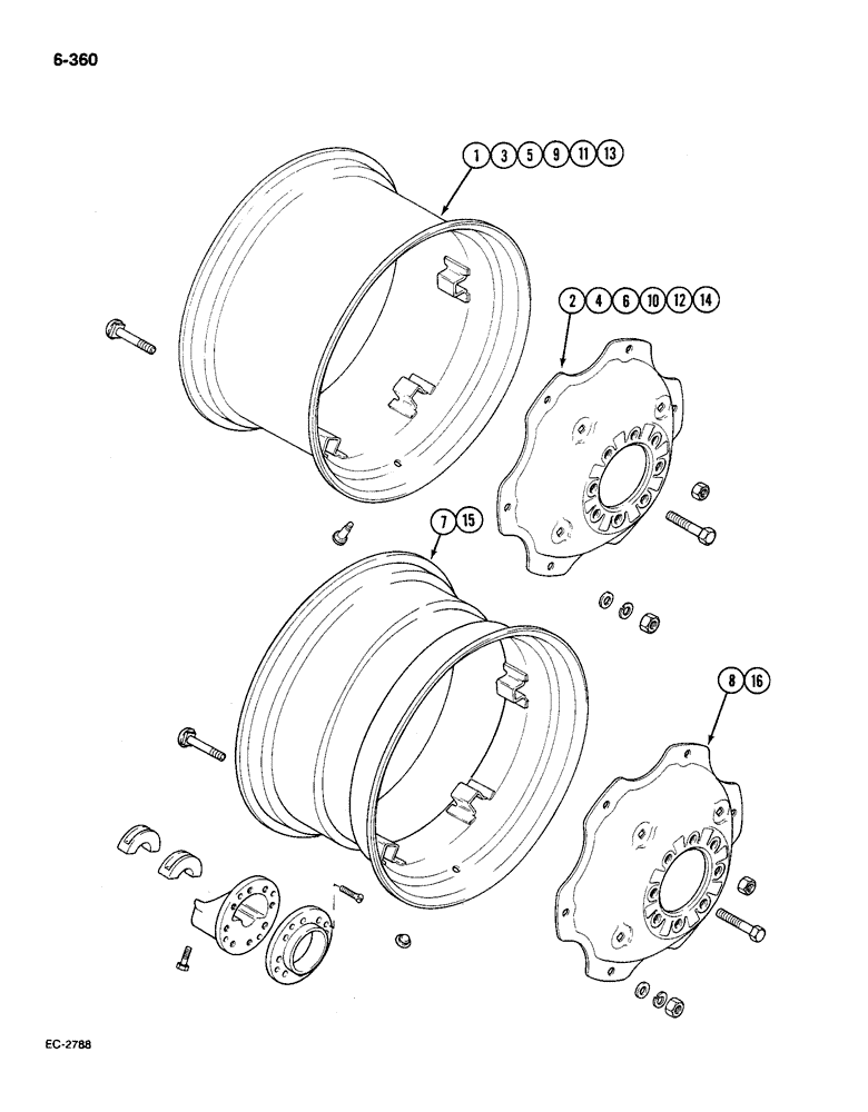 Схема запчастей Case IH 585 - (6-360) - REAR WHEELS, STEEL, 24, 26, 28, AND 30 INCH, 24 INCH WHEEL, ORCHARD TRACTOR (06) - POWER TRAIN