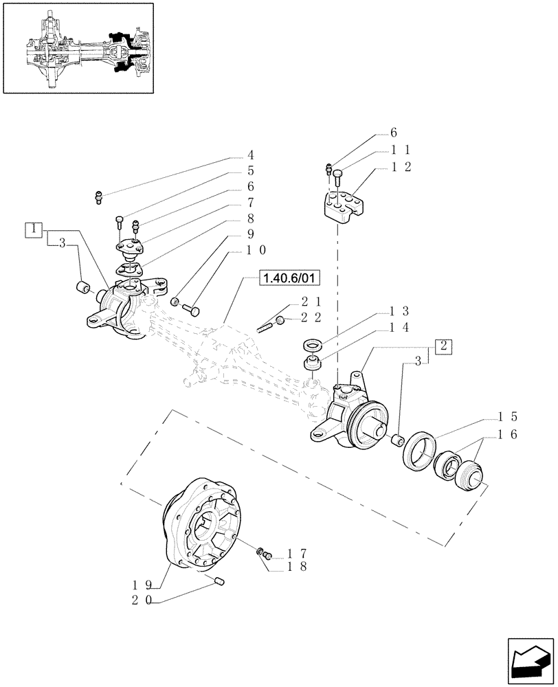 Схема запчастей Case IH JX1100U - (1.40. 7/06[02]) - (VAR.327/1) ELECTROHYD. FRONT DIFFENTIAL LOCK, BRAKES AND MUDGUARDS - STEERING PIVOT PIN (04) - FRONT AXLE & STEERING