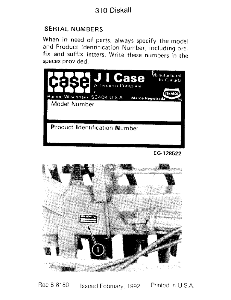 Схема запчастей Case IH 310 - (1-2) - SERIAL NUMBERS (00) - PICTORIAL INDEX