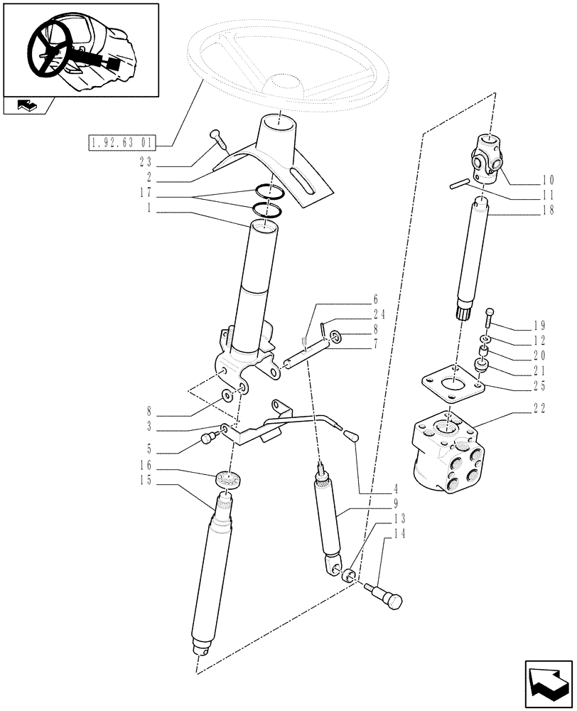 Схема запчастей Case IH FARMALL 95 - (1.92.63/01[01]) - POWER SHUTTLE E SERVO PTO DIFF. LOCK - STEERING COLUMN (VAR.330120-331120) (10) - OPERATORS PLATFORM/CAB