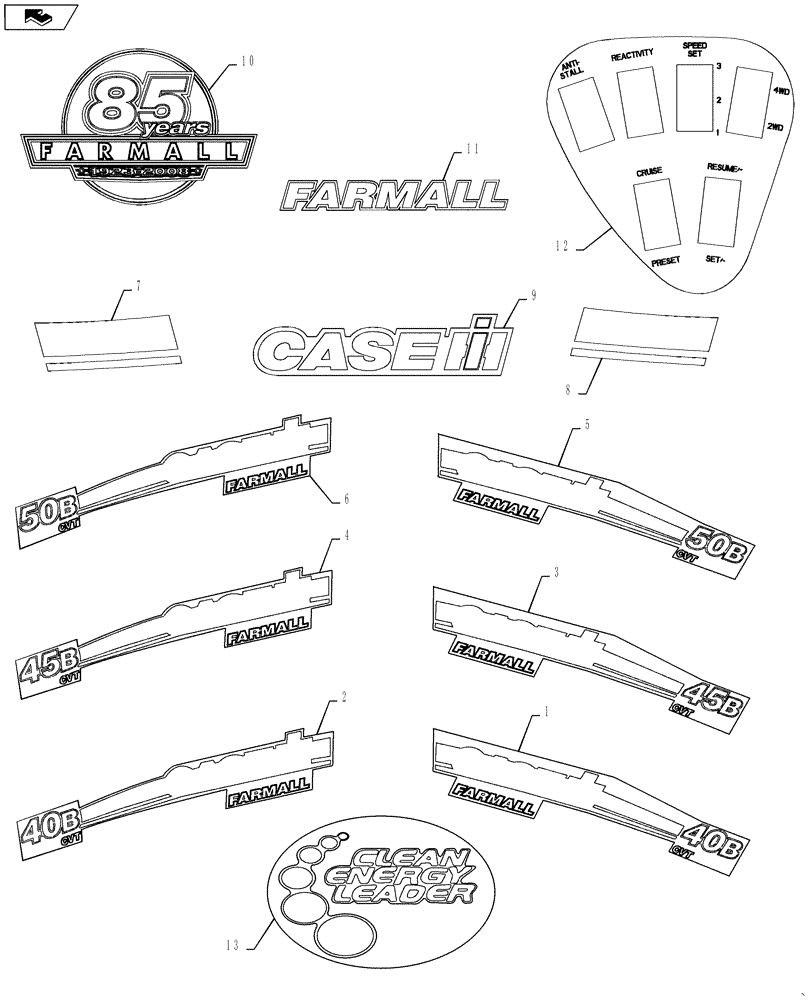 Схема запчастей Case IH FARMALL 50B - (90.108.AB[01]) - DECALS - IDENTIFICATION (90) - PLATFORM, CAB, BODYWORK AND DECALS