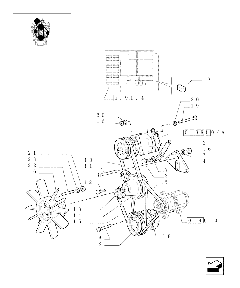 Схема запчастей Case IH JX100U - (0.88.0) - (VAR.641-623) AIR CONDITIONING - BELTS & PULLEYS (01) - ENGINE