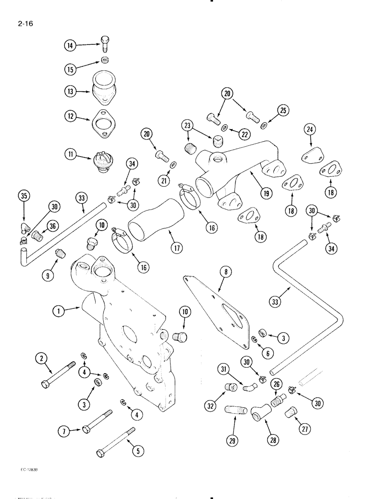 Схема запчастей Case IH 695 - (2-16) - COOLANT SYSTEM, WATER PUMP CARRIER AND COOLANT MANIFOLD (02) - ENGINE