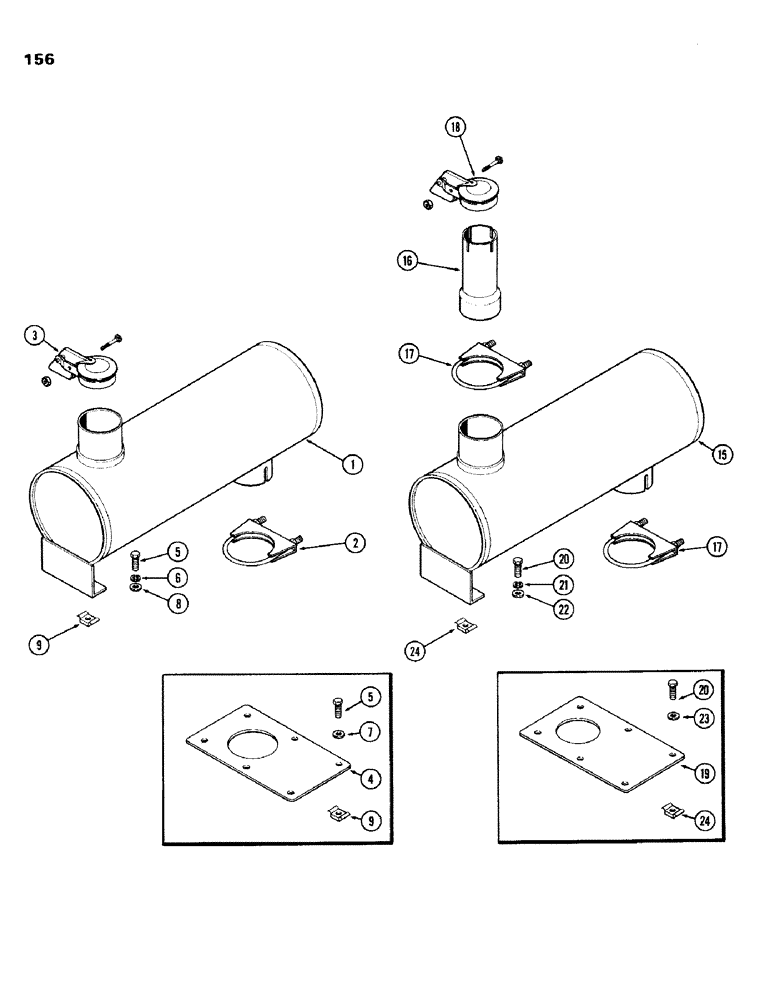 Схема запчастей Case IH 336BD - (156) - EXHAUST SYSTEM, MUFFLER, HORIZONTAL, WITH RAIN CAP, ENCLOSED UNIT ONLY, WITH 3-1/2 INCH INLET, F 