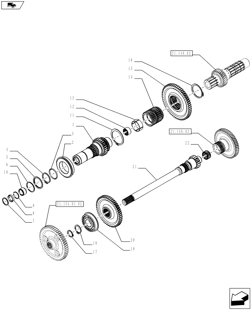 Схема запчастей Case IH FARMALL 65C - (21.160.0101[02]) - CREEPER (12X12 - 20X20) FOR POWER SHUTTLE TRANSMISSION - GEARS AND SHAFTS (VAR.331110 / 743549; VAR.331112 / 743550) (21) - TRANSMISSION