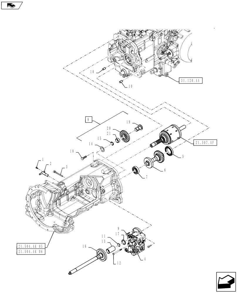 Схема запчастей Case IH FARMALL 50B - (21.504.AK[04]) - FRONT HOUSING (21) - TRANSMISSION