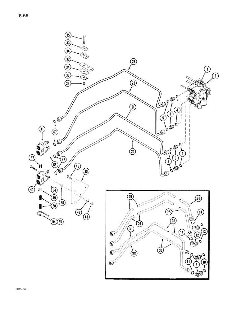 Схема запчастей Case IH 7140 - (8-056) - FIRST AND SECOND CIRCUIT REMOTE HYDRAULICS, TRANSMISSION S/N AJB0018756 THROUGH AJB0060499 (08) - HYDRAULICS