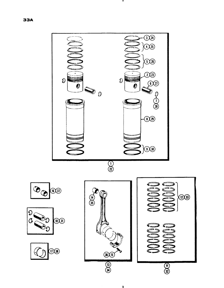 Схема запчастей Case IH 730 SERIES - (033A) - PISTON ASSY AND CONNECTING RODS, 251 & 284 SPARK IGNIT ENG, MDL 730 W/4" BORE, MDL 830 W/4-1/4" BORE (02) - ENGINE