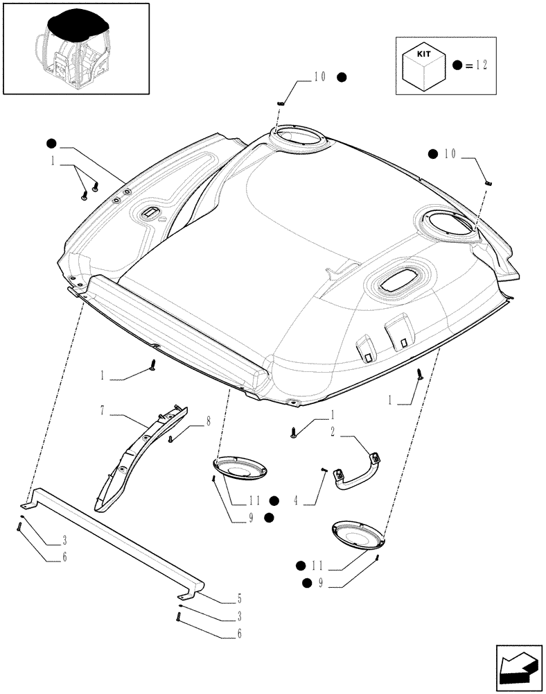 Схема запчастей Case IH MAXXUM 120 - (1.94.0/08[01]) - ROOF WITH HIGH PROFILE LESS HIGH VISIBILITY PANEL - HEADLINER - C5936 (10) - OPERATORS PLATFORM/CAB