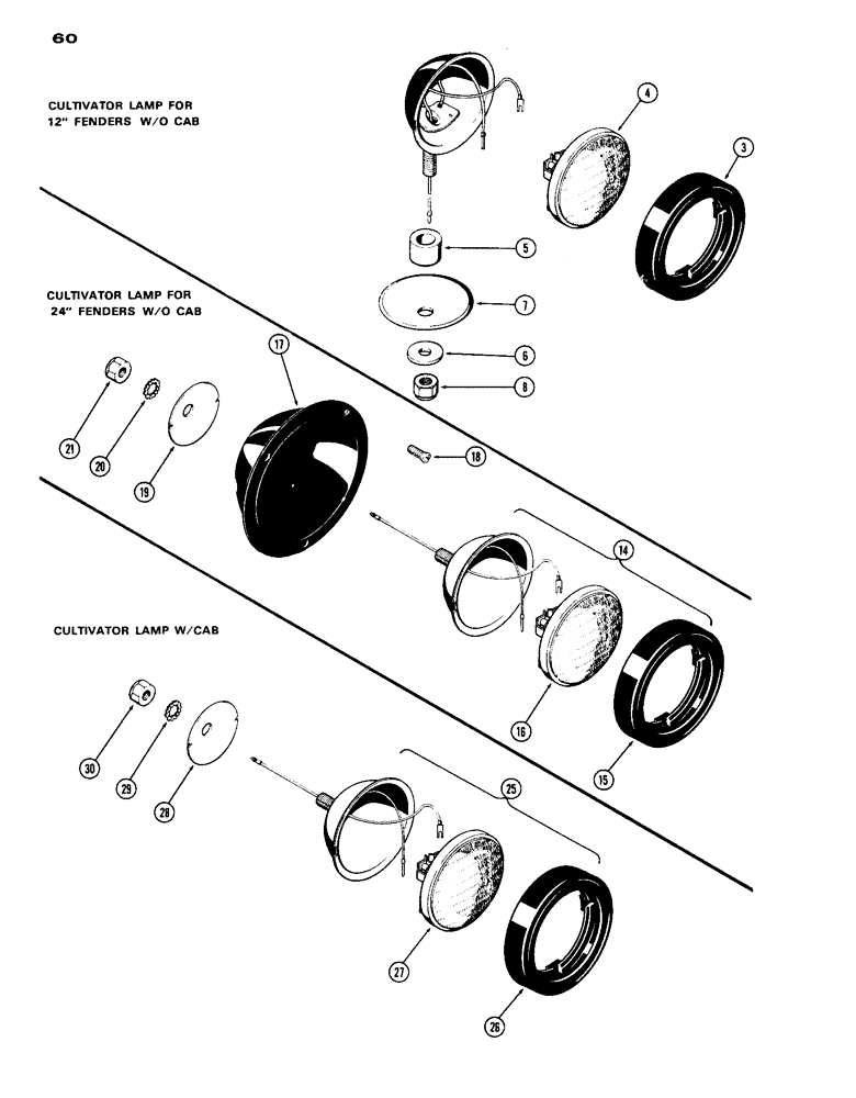 Схема запчастей Case IH 1070 - (060) - LIGHTING EQUIPMENT, CULTIVATING LAMP, FOR 12" FENDER, WITHOUT CAB (04) - ELECTRICAL SYSTEMS