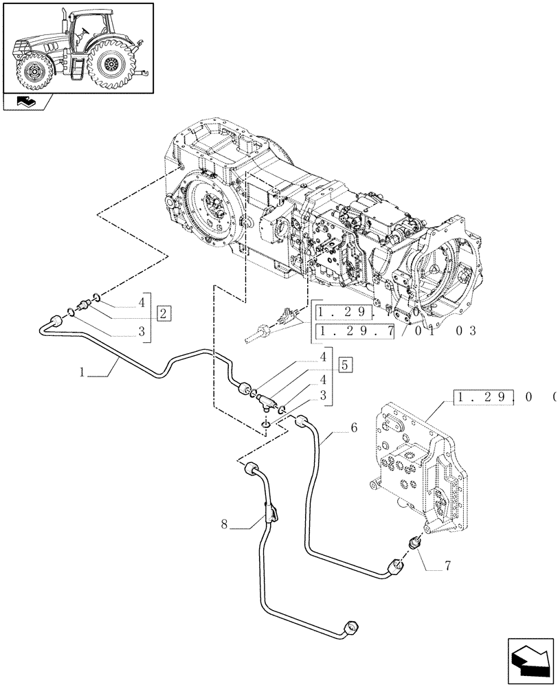 Схема запчастей Case IH MAXXUM 130 - (1.29.7[02]) - TRANSMISSION AND PTO, LUBRICATION PIPES (03) - TRANSMISSION