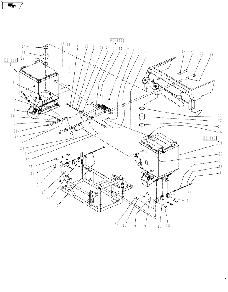 Схема запчастей Case IH 810 - (02-007) - BIN MOUNT GROUP, TRIPLE BIN, 50 CU. FT., W/ AUGER Bin Group