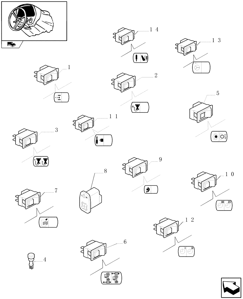 Схема запчастей Case IH PUMA 140 - (1.91.1[02]) - SWITCH AND RELATED PARTS (10) - OPERATORS PLATFORM/CAB