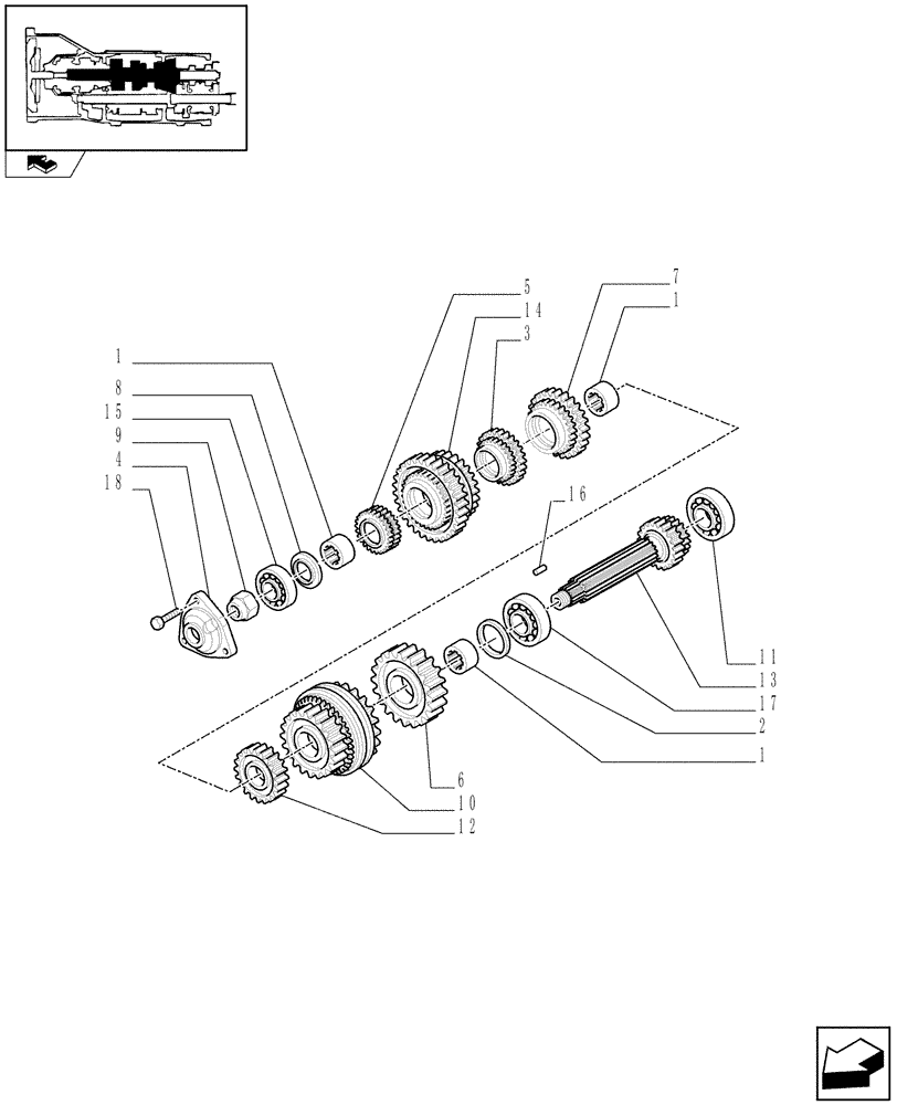 Схема запчастей Case IH FARMALL 90 - (1.28.1[02A]) - GEARBOX GEARING - SYNCHRONIZER AND DRIVEN SHAFT - D6839 (03) - TRANSMISSION