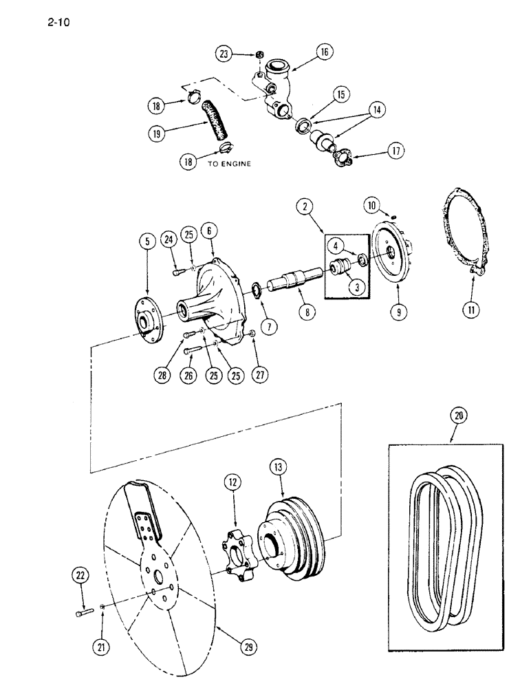 Схема запчастей Case IH 1640 - (2-10) - FAN, BELTS, THERMOSTAT AND WATER PUMP, D466 ENGINE (01) - ENGINE