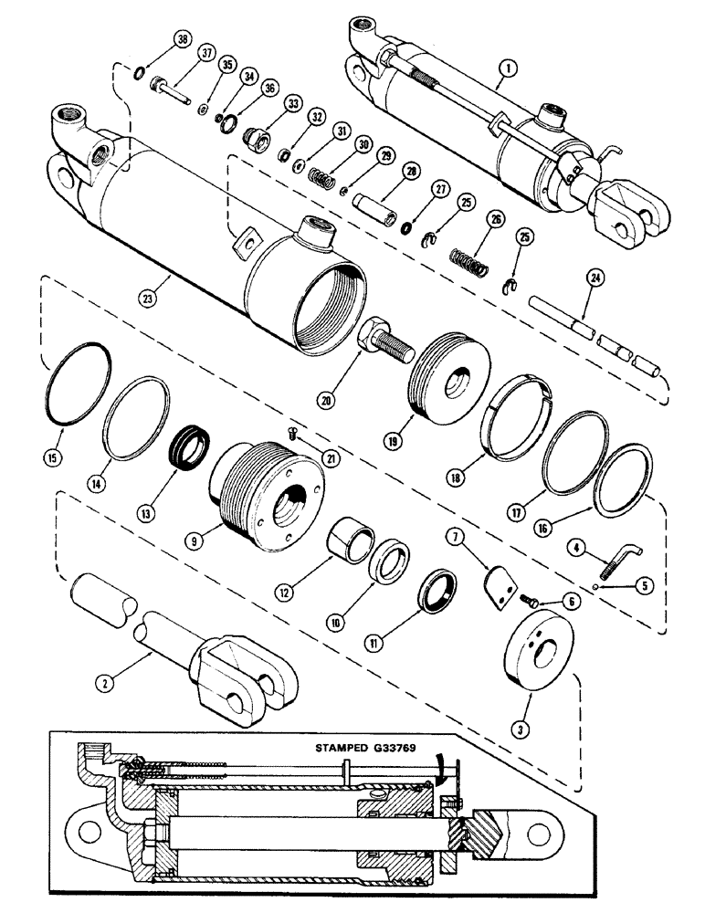 Схема запчастей Case IH 2470 - (236) - 3 POINT HITCH, G33769 PORTABLE CYLINDER ASSYEMBLY, 4" DIA. CYL. W/ 8" STROKE GLAND W/CENTER BEARING (09) - CHASSIS/ATTACHMENTS