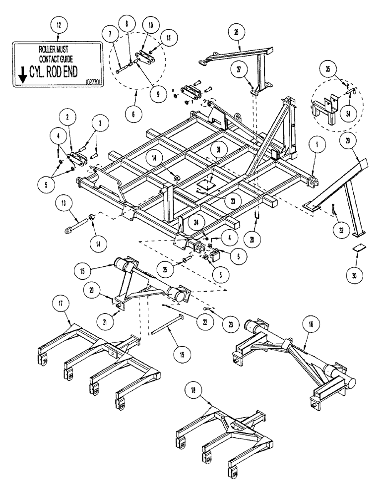 Схема запчастей Case IH CONCORD - (B18) - WING FRAME WITH ROCKSHAFT & WHEEL GANGS, 5 SECTION INNER RIGHT HAND WING SHOWN 