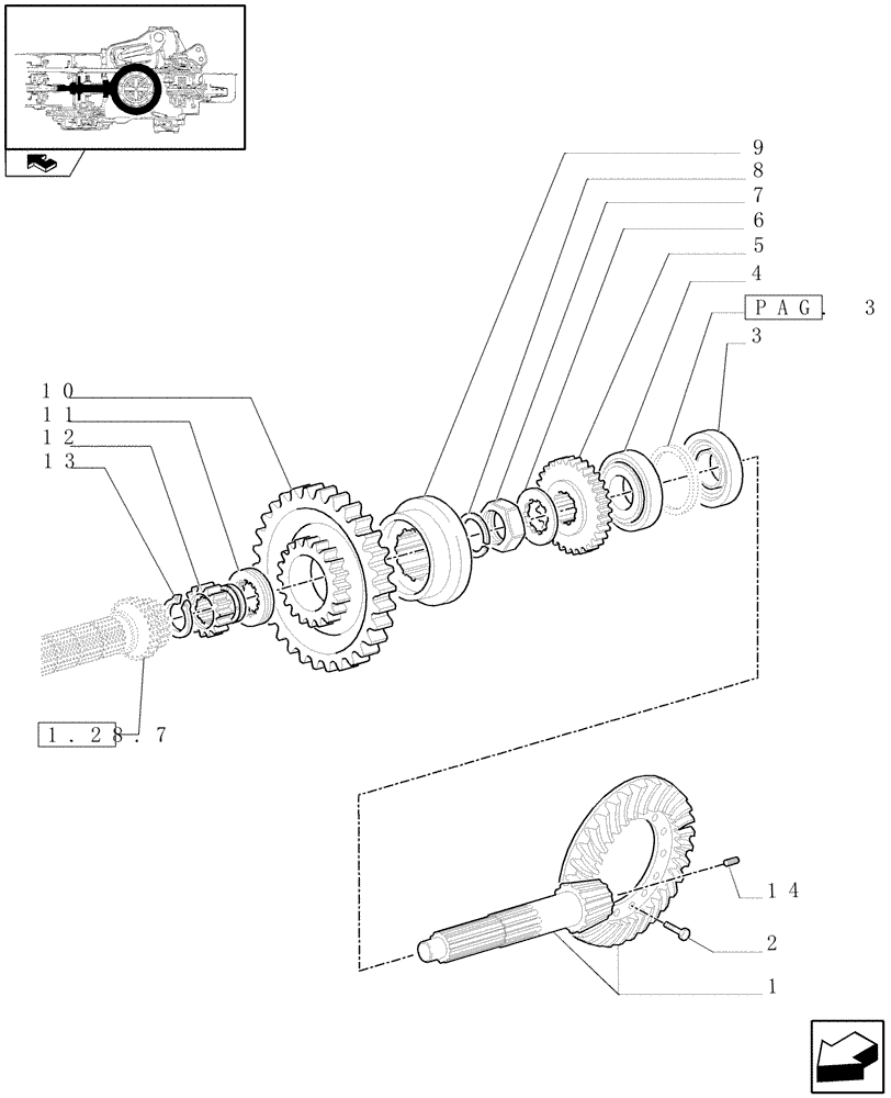 Схема запчастей Case IH FARMALL 105U - (1.32.1[02]) - CENTRAL REDUCTION - SLOW/FAST RANGE GEARS AND BEVEL GEARS (03) - TRANSMISSION