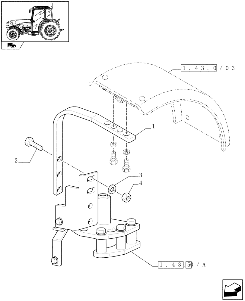 Схема запчастей Case IH FARMALL 105N - (1.43.0/03[01]) - DYNAMIC FRONT FENDERS (310MM, 4WD) - SUPPORT (VAR.335485 / 743533) (04) - FRONT AXLE & STEERING